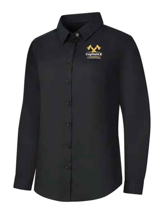 Womens Black Long Sleeve Carefree Poplin Shirt w/CapitalAx Logo