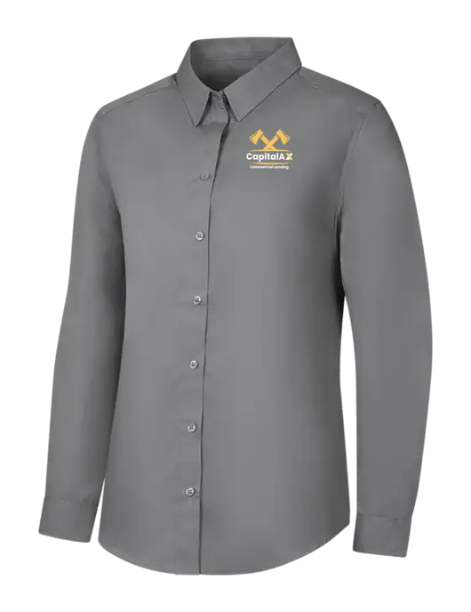 Womens Medium Grey Long Sleeve Carefree Poplin Shirt w/CapitalAx Logo