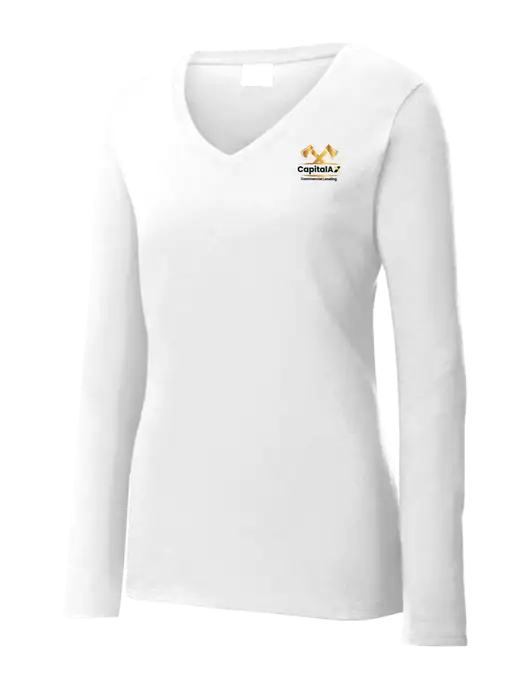 Womens  V-Neck Ring Spun White 4.5 oz Long Sleeve T-Shirt w/CapitalAx Logo