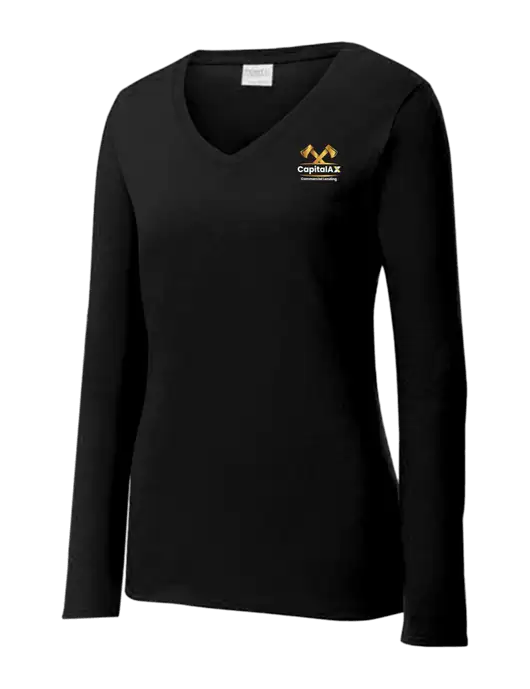 Womens V-Neck Ring Spun Jet Black 4.5 oz Long Sleeve T-Shirt w/CapitalAx Logo