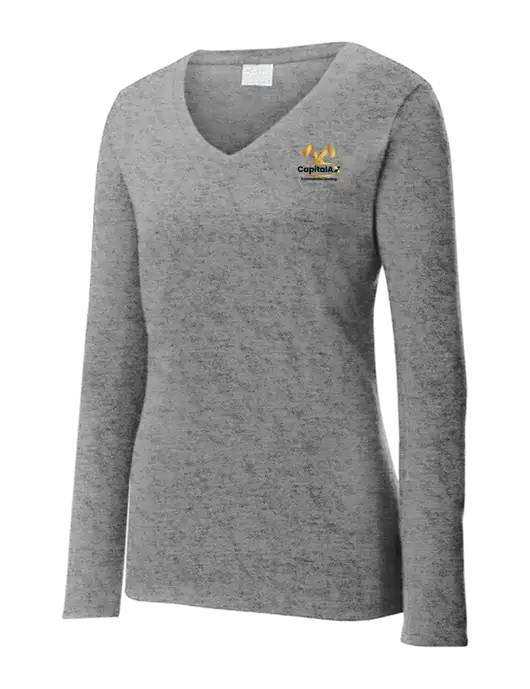 Womens  V-Neck Ring Spun Grey Heather 4.5 oz Long Sleeve T-Shirt w/CapitalAx Logo