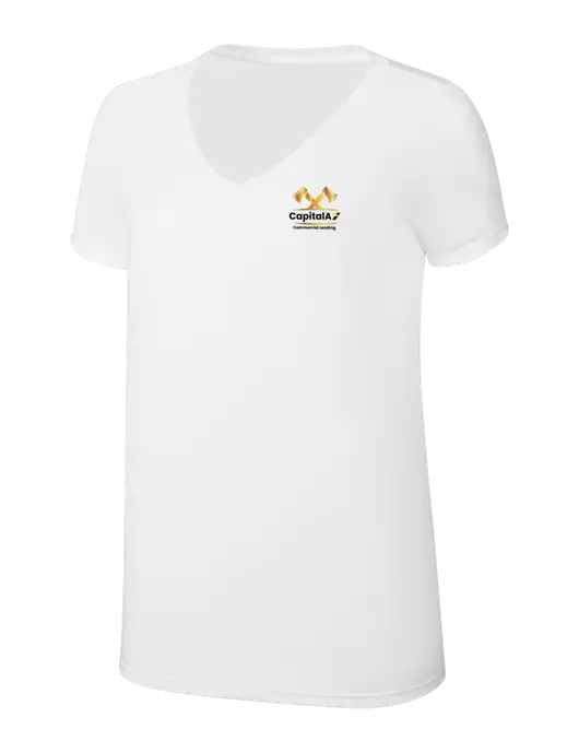 Womens Simply Soft V-Neck White 4.5oz  Poly/Combed Ring Spun Cotton T-Shirt w/CapitalAx Logo