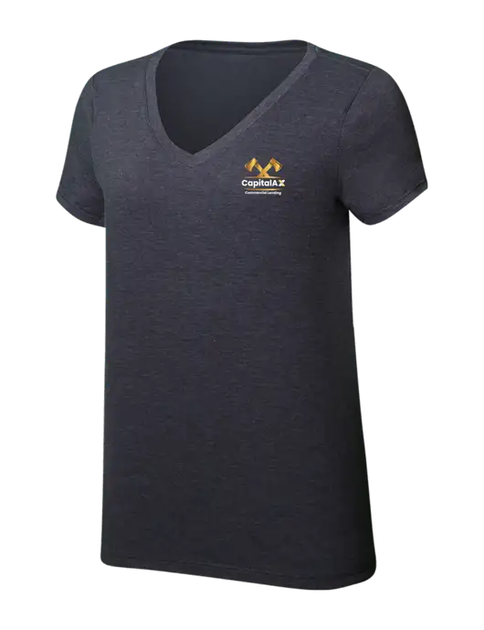 Womens Simply Soft V-Neck Heather Charcoal 4.5oz  Poly/Combed Ring Spun Cotton T-Shirt w/CapitalAx Logo
