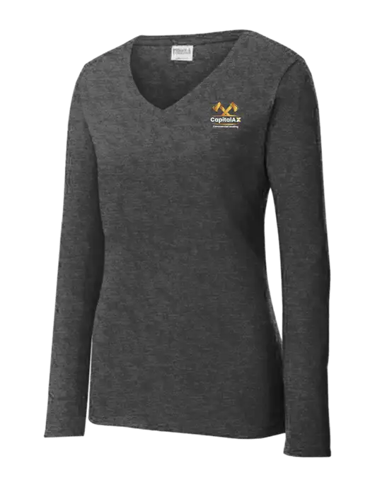 Womens  V-Neck Ring Spun Dark Heather Grey 4.5 oz Long Sleeve T-Shirt w/CapitalAx Logo