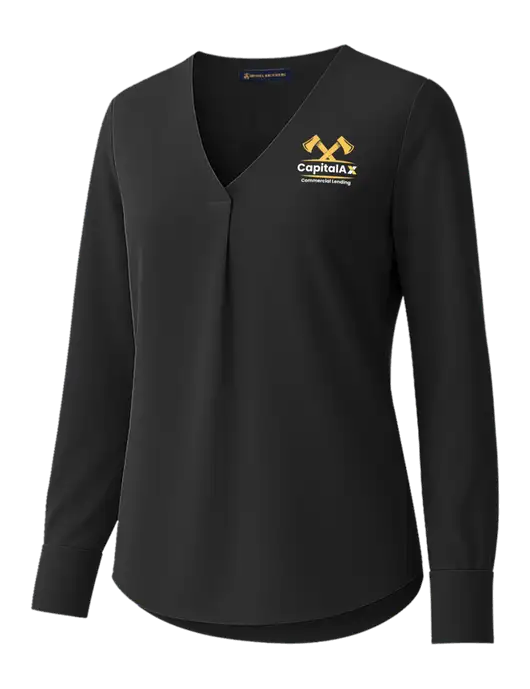 Brooks Brothers Womens Black Open-Neck Satin Blouse  w/CapitalAx Logo