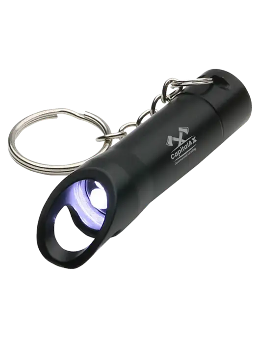 Black Pocket LED Flashlight with Bottle Opener & Keychain w/CapitalAx Logo