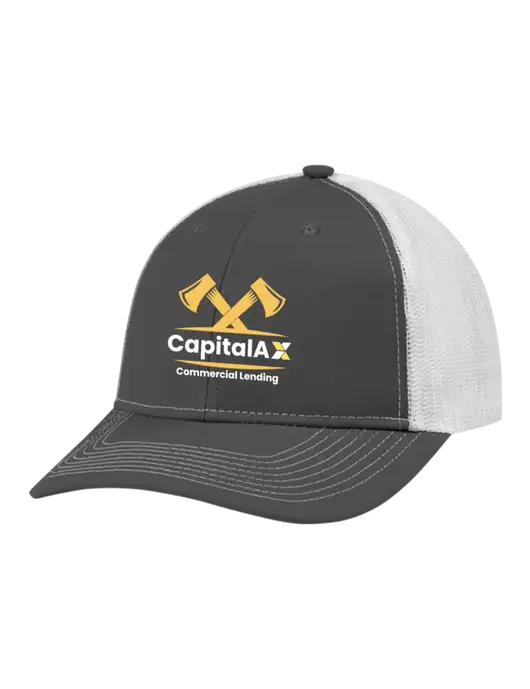 Snapback Ponytail Trucker Cap Dark Grey w/White Mesh w/CapitalAx Logo