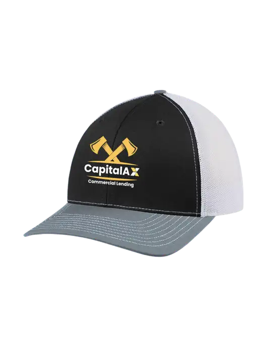 Richardson Adjustable Snapback Original 112 Trucker Cap Black/Light Heather Grey/White Mesh w/CapitalAx Logo