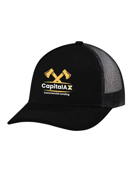 Snapback Ponytail Trucker Cap Black w/Black Mesh w/CapitalAx Logo