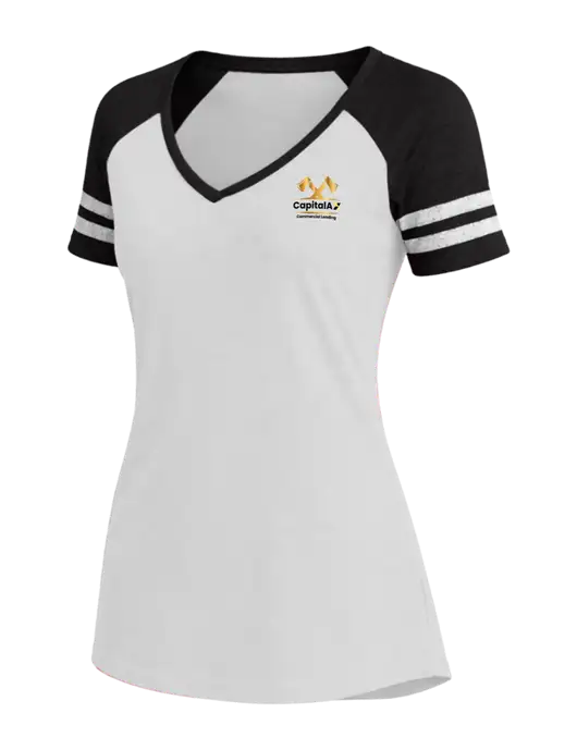 Womens White/Black V-Neck Game Tee w/CapitalAx Logo