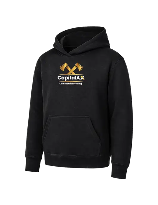 Youth Black 7.8 oz Pullover Hooded Sweatshirt w/CapitalAx Logo