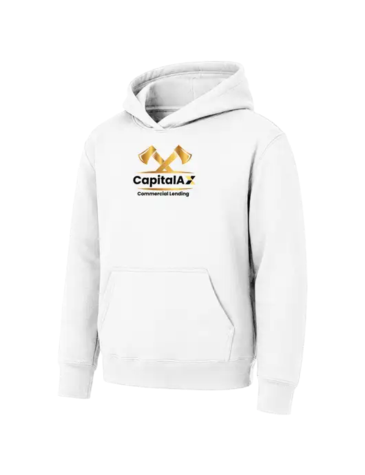Youth White 7.8 oz Pullover Hooded Sweatshirt w/CapitalAx Logo